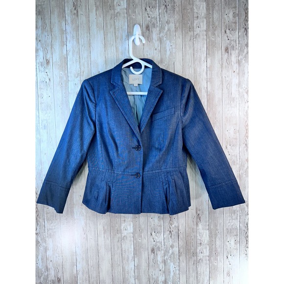 LOFT Ann Taylor Blazer Womens Sz 6 Navy‎ Chambray Notch Collar Pleated Peplum - Picture 1 of 10